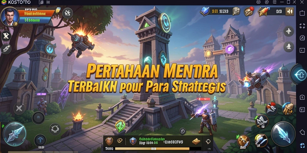 Tangkapan layar gameplay KOSTOTO menunjukkan aksi pertahanan menara yang intens.