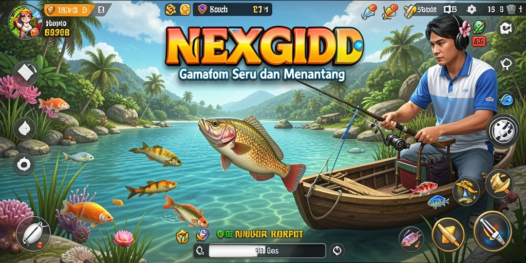 Tampilan gameplay NEXGID saat memancing di laut yang tenang.