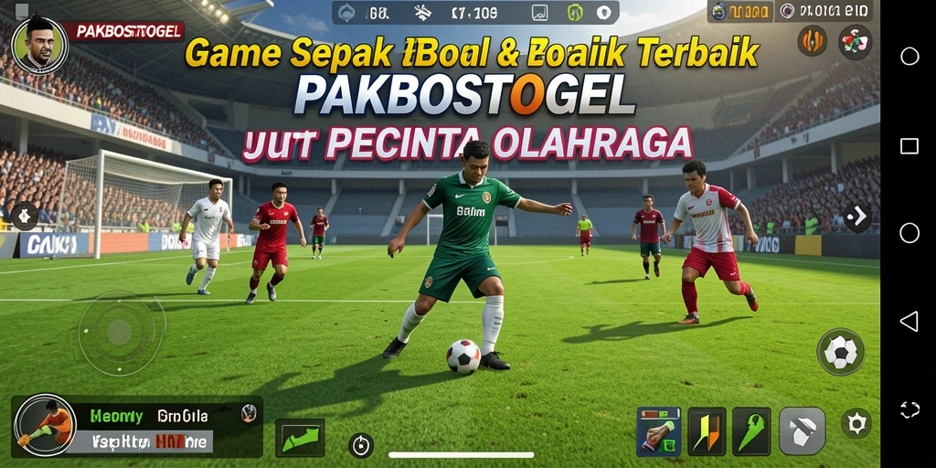 Screenshot gameplay PAKBOSTOGEL menampilkan aksi pertandingan sepak bola yang mendebarkan.