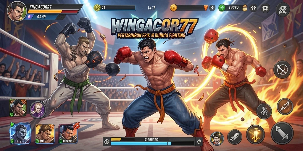 Tangkapan layar gameplay <strong>WINGACOR77</strong> menunjukkan pertarungan seru dan karakter yang beragam.